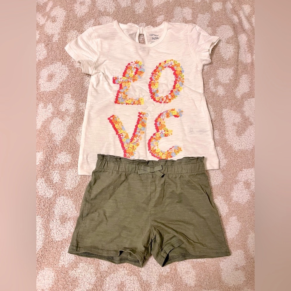 NWOT Carter’s Toddler Girls Love T-Shirt and Shorts Set, Size 3T, Summer Outfit